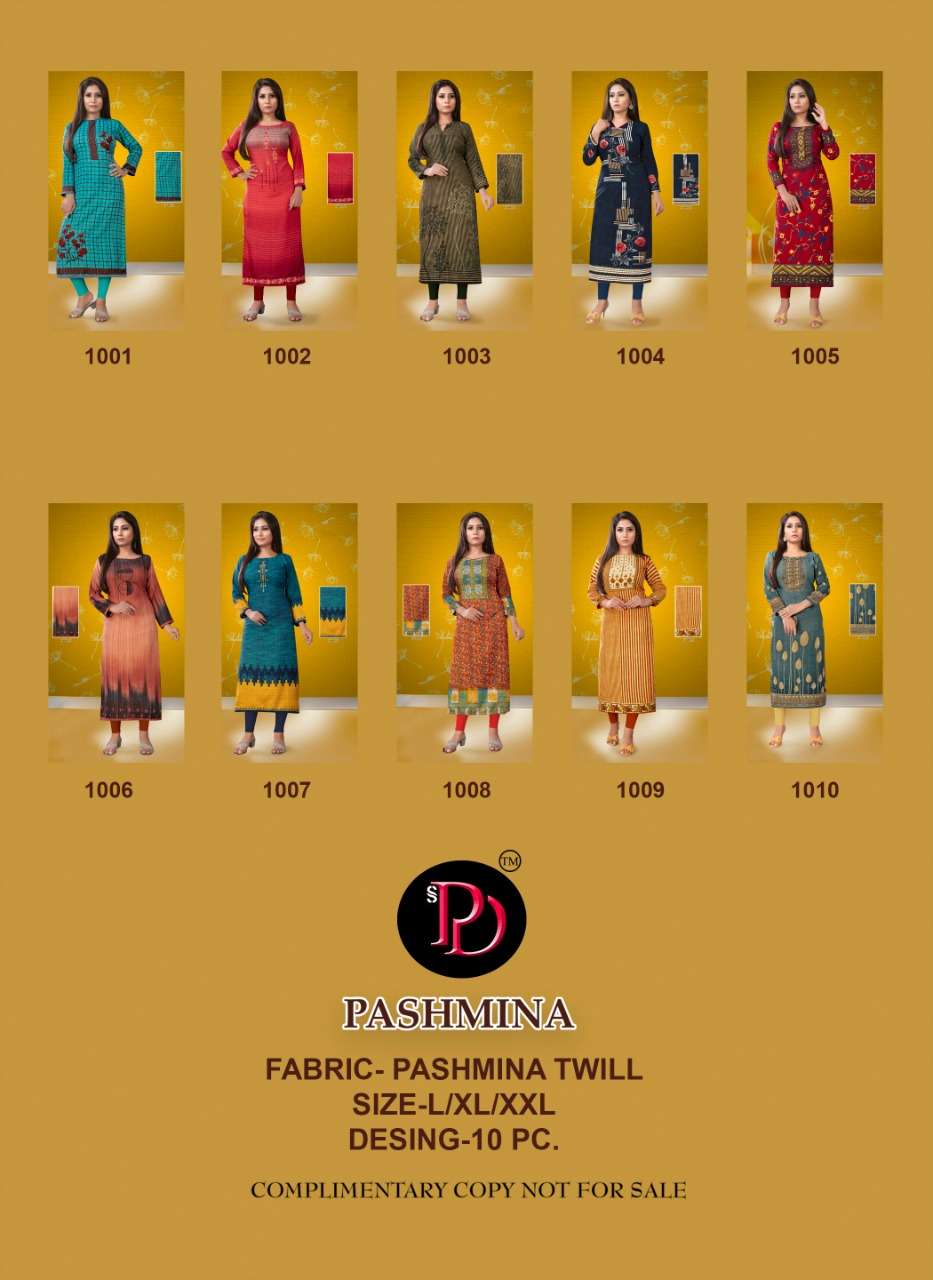 PASHMINA BY POORVI DESIGNER 1001 TO 1010 SERIES STYLISH FANCY BEAUTIFUL COLORFUL CASUAL WEAR & ETHNIC WEAR PASHMINA TWILL KURTIS AT WHOLESALE PRICE