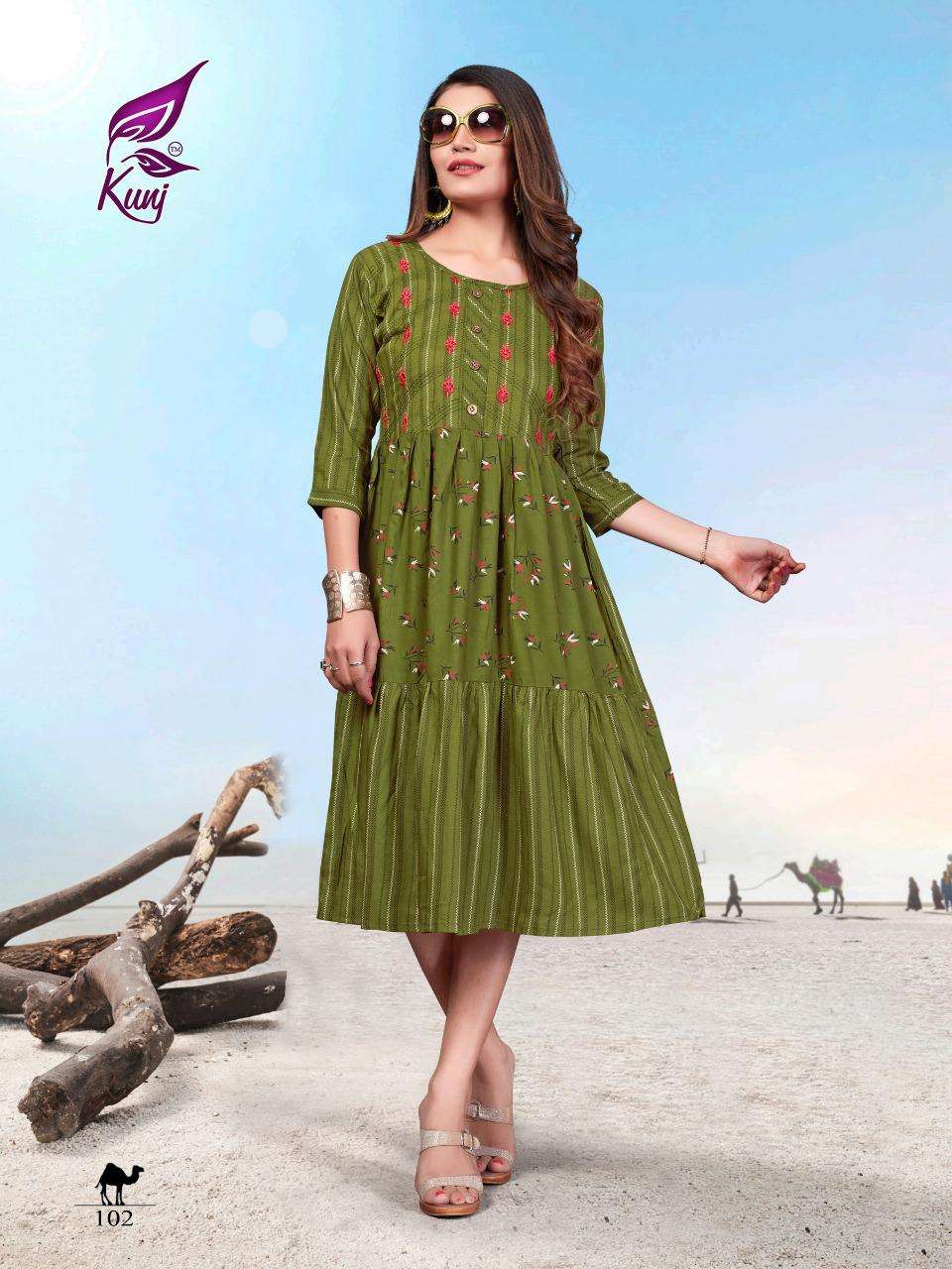 KIVI VOL-1 BY KUNJ 101 TO 106 SERIES BEAUTIFUL STYLISH FANCY COLORFUL CASUAL WEAR & ETHNIC WEAR & READY TO WEAR RAYON PRINT KURTIS AT WHOLESALE PRICE