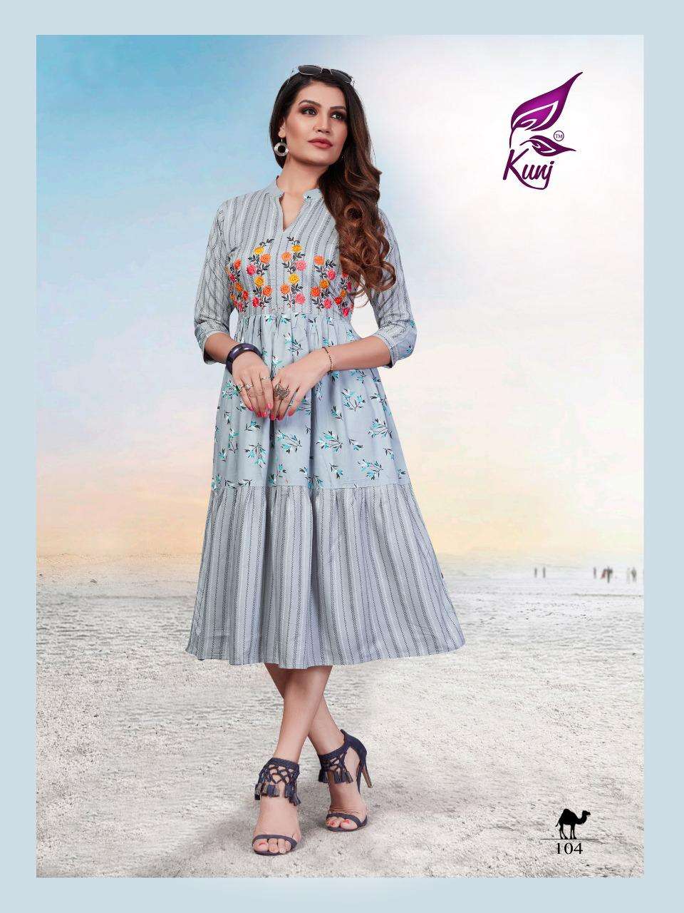 KIVI VOL-1 BY KUNJ 101 TO 106 SERIES BEAUTIFUL STYLISH FANCY COLORFUL CASUAL WEAR & ETHNIC WEAR & READY TO WEAR RAYON PRINT KURTIS AT WHOLESALE PRICE
