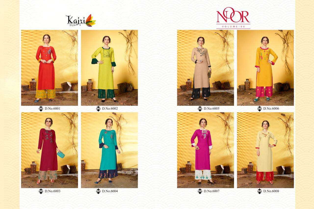 Noor Vol-6 By Kajri Style 6001 To 6008 Series Stylish Fancy Beautiful Colorful Casual Wear & Ethnic Wear Rayon Slub Kurtis With Bottom At Wholesale Price