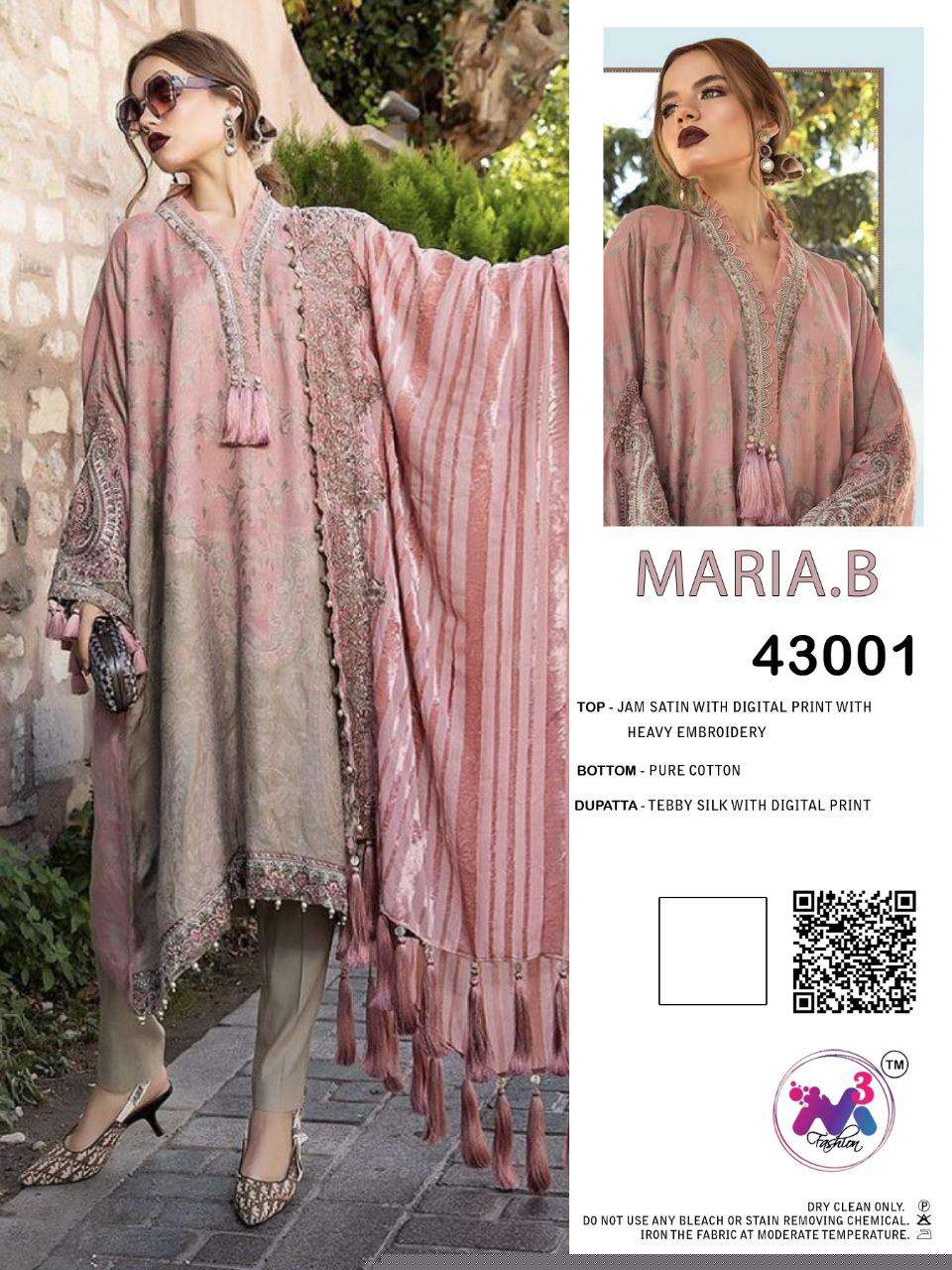 MARIA.B PREMIUM LAWN EMBROIDERED BY M3 FASHION 43001 TO 43003 SERIES PAKISTANI SUITS BEAUTIFUL FANCY COLORFUL STYLISH PARTY WEAR & OCCASIONAL WEAR JAM SATIN PRINT WITH EMBROIDERY DRESSES AT WHOLESALE PRICE