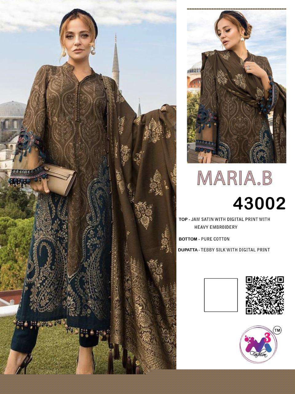 MARIA.B PREMIUM LAWN EMBROIDERED BY M3 FASHION 43001 TO 43003 SERIES PAKISTANI SUITS BEAUTIFUL FANCY COLORFUL STYLISH PARTY WEAR & OCCASIONAL WEAR JAM SATIN PRINT WITH EMBROIDERY DRESSES AT WHOLESALE PRICE
