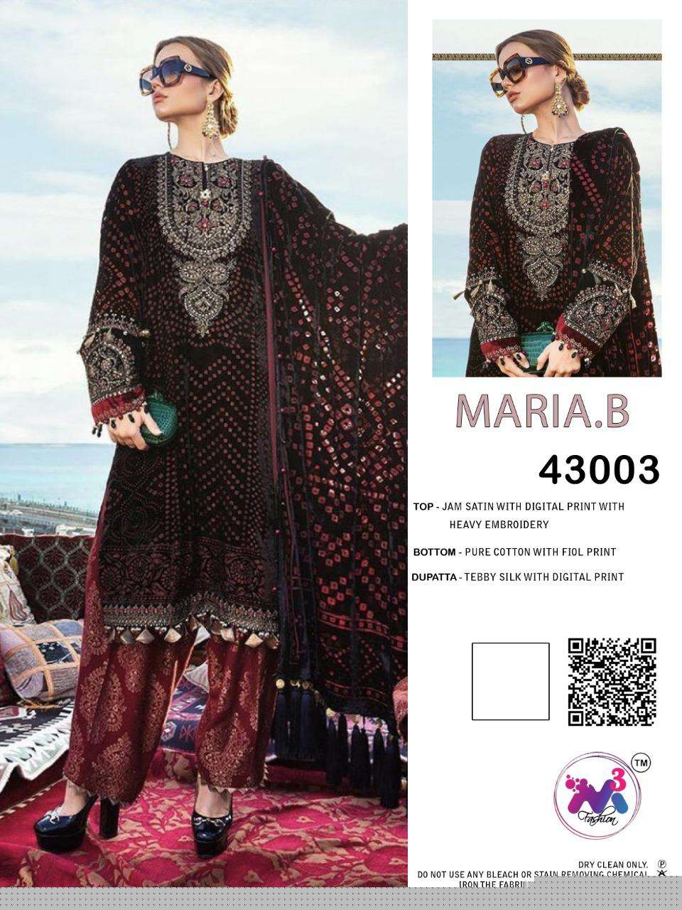 MARIA.B PREMIUM LAWN EMBROIDERED BY M3 FASHION 43001 TO 43003 SERIES PAKISTANI SUITS BEAUTIFUL FANCY COLORFUL STYLISH PARTY WEAR & OCCASIONAL WEAR JAM SATIN PRINT WITH EMBROIDERY DRESSES AT WHOLESALE PRICE