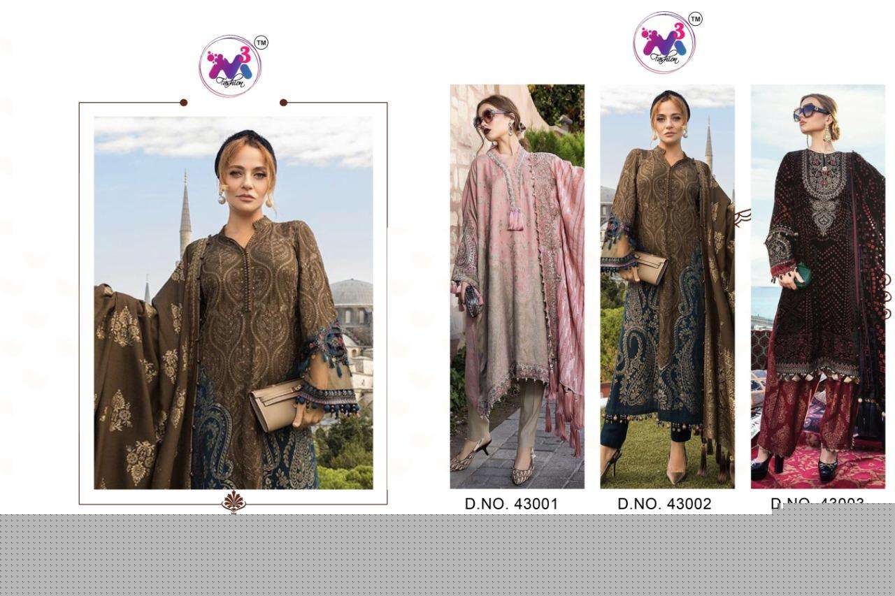 MARIA.B PREMIUM LAWN EMBROIDERED BY M3 FASHION 43001 TO 43003 SERIES PAKISTANI SUITS BEAUTIFUL FANCY COLORFUL STYLISH PARTY WEAR & OCCASIONAL WEAR JAM SATIN PRINT WITH EMBROIDERY DRESSES AT WHOLESALE PRICE