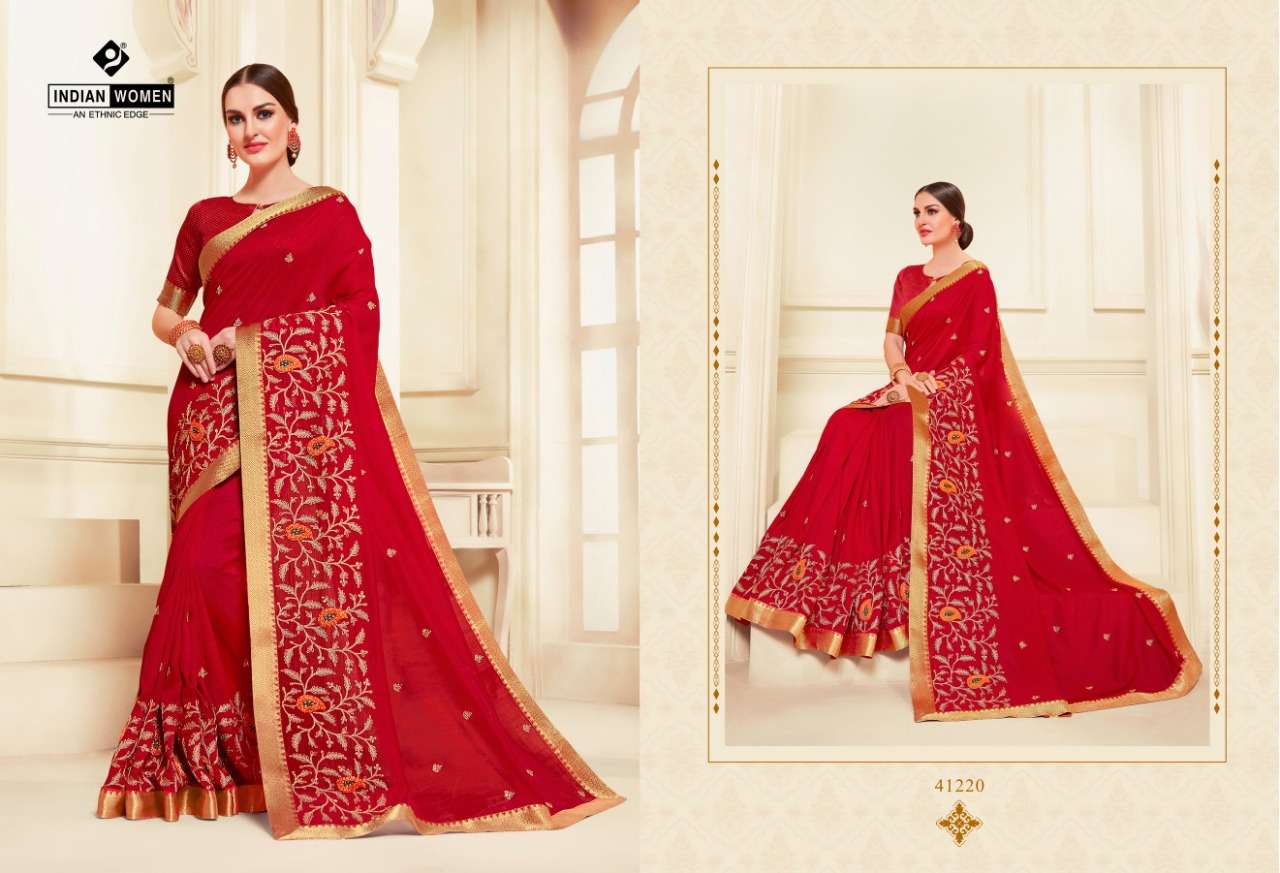NAMASTE VOL-8 BY INDIAN WOMEN 41220 TO 41231 SERIES INDIAN TRADITIONAL WEAR COLLECTION BEAUTIFUL STYLISH FANCY COLORFUL PARTY WEAR & OCCASIONAL WEAR TWO TONE CHIFFON WITH EMBROIDERY SAREES AT WHOLESALE PRICE