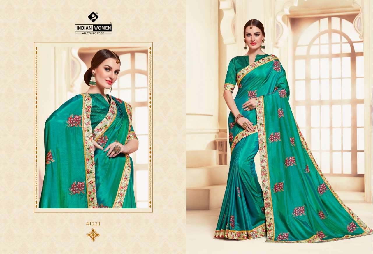 NAMASTE VOL-8 BY INDIAN WOMEN 41220 TO 41231 SERIES INDIAN TRADITIONAL WEAR COLLECTION BEAUTIFUL STYLISH FANCY COLORFUL PARTY WEAR & OCCASIONAL WEAR TWO TONE CHIFFON WITH EMBROIDERY SAREES AT WHOLESALE PRICE
