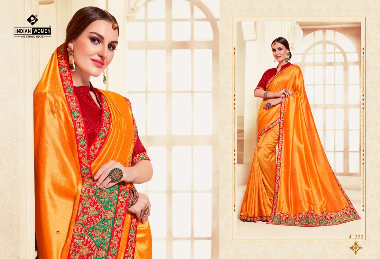 NAMASTE VOL-8 BY INDIAN WOMEN 41220 TO 41231 SERIES INDIAN TRADITIONAL WEAR COLLECTION BEAUTIFUL STYLISH FANCY COLORFUL PARTY WEAR & OCCASIONAL WEAR TWO TONE CHIFFON WITH EMBROIDERY SAREES AT WHOLESALE PRICE