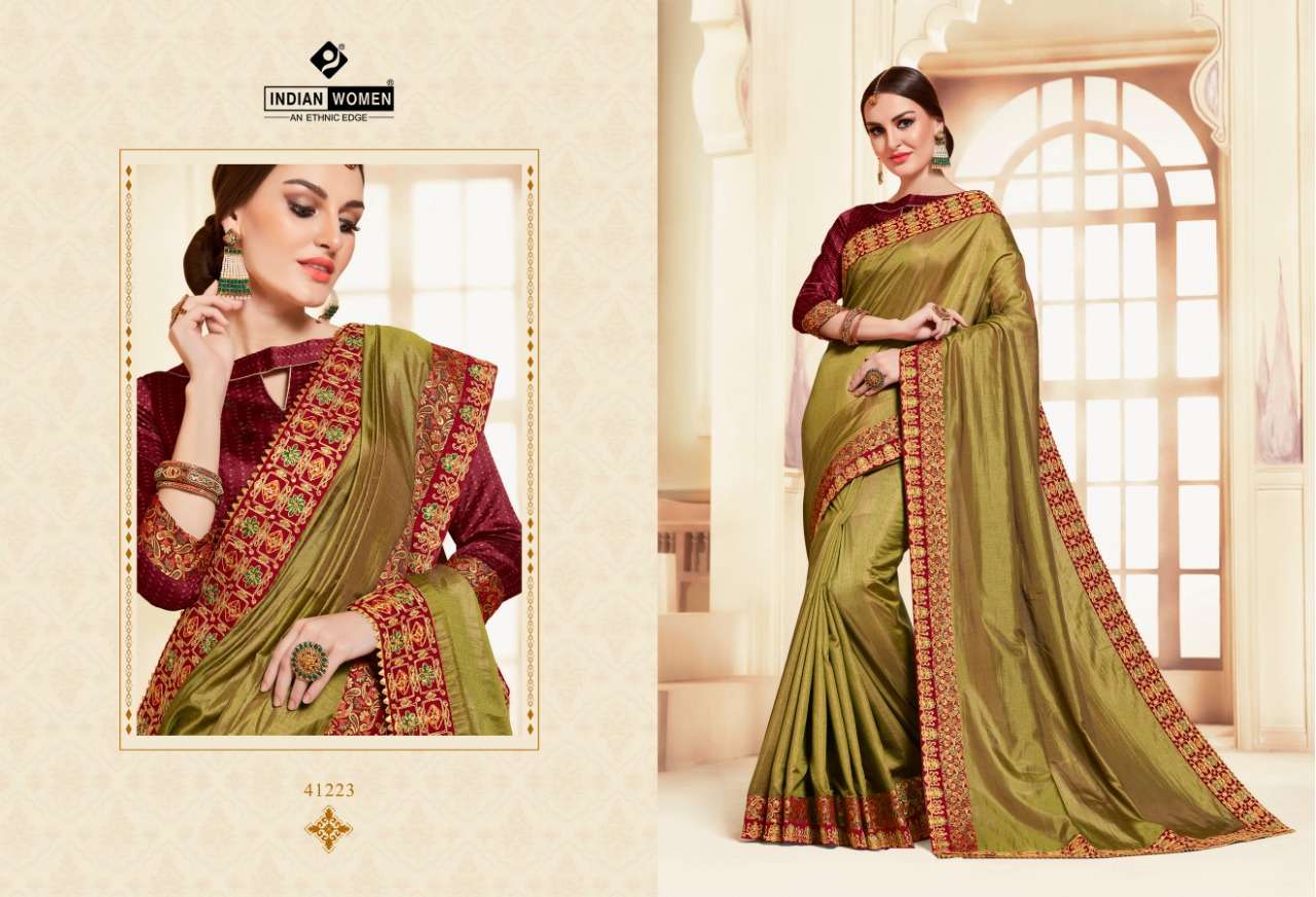 NAMASTE VOL-8 BY INDIAN WOMEN 41220 TO 41231 SERIES INDIAN TRADITIONAL WEAR COLLECTION BEAUTIFUL STYLISH FANCY COLORFUL PARTY WEAR & OCCASIONAL WEAR TWO TONE CHIFFON WITH EMBROIDERY SAREES AT WHOLESALE PRICE