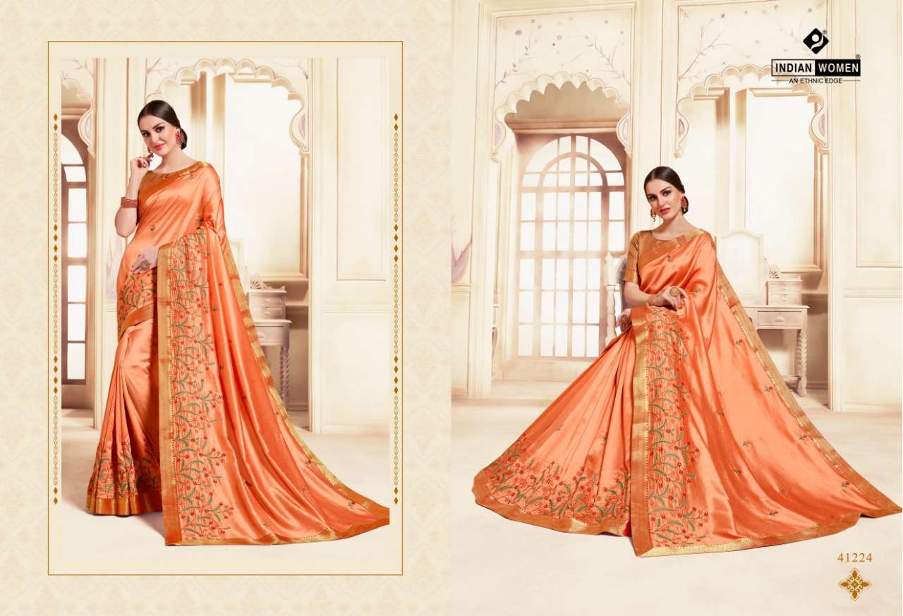 NAMASTE VOL-8 BY INDIAN WOMEN 41220 TO 41231 SERIES INDIAN TRADITIONAL WEAR COLLECTION BEAUTIFUL STYLISH FANCY COLORFUL PARTY WEAR & OCCASIONAL WEAR TWO TONE CHIFFON WITH EMBROIDERY SAREES AT WHOLESALE PRICE