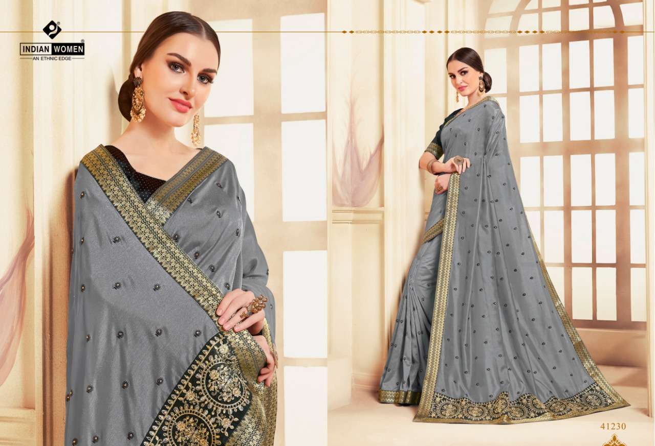 NAMASTE VOL-8 BY INDIAN WOMEN 41220 TO 41231 SERIES INDIAN TRADITIONAL WEAR COLLECTION BEAUTIFUL STYLISH FANCY COLORFUL PARTY WEAR & OCCASIONAL WEAR TWO TONE CHIFFON WITH EMBROIDERY SAREES AT WHOLESALE PRICE