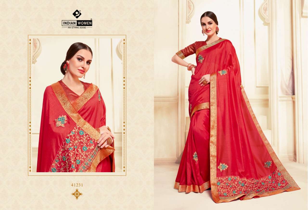 NAMASTE VOL-8 BY INDIAN WOMEN 41220 TO 41231 SERIES INDIAN TRADITIONAL WEAR COLLECTION BEAUTIFUL STYLISH FANCY COLORFUL PARTY WEAR & OCCASIONAL WEAR TWO TONE CHIFFON WITH EMBROIDERY SAREES AT WHOLESALE PRICE