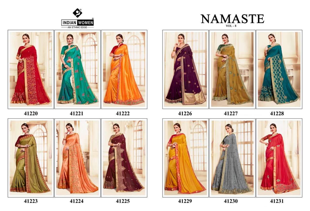 NAMASTE VOL-8 BY INDIAN WOMEN 41220 TO 41231 SERIES INDIAN TRADITIONAL WEAR COLLECTION BEAUTIFUL STYLISH FANCY COLORFUL PARTY WEAR & OCCASIONAL WEAR TWO TONE CHIFFON WITH EMBROIDERY SAREES AT WHOLESALE PRICE