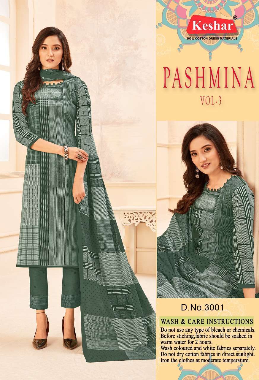 PASHMINA VOL-3 BY KESHAR 3001 TO 3010 SERIES BEAUTIFUL STYLISH SUITS FANCY COLORFUL CASUAL WEAR & ETHNIC WEAR & READY TO WEAR PURE COTTON DRESSES AT WHOLESALE PRICE