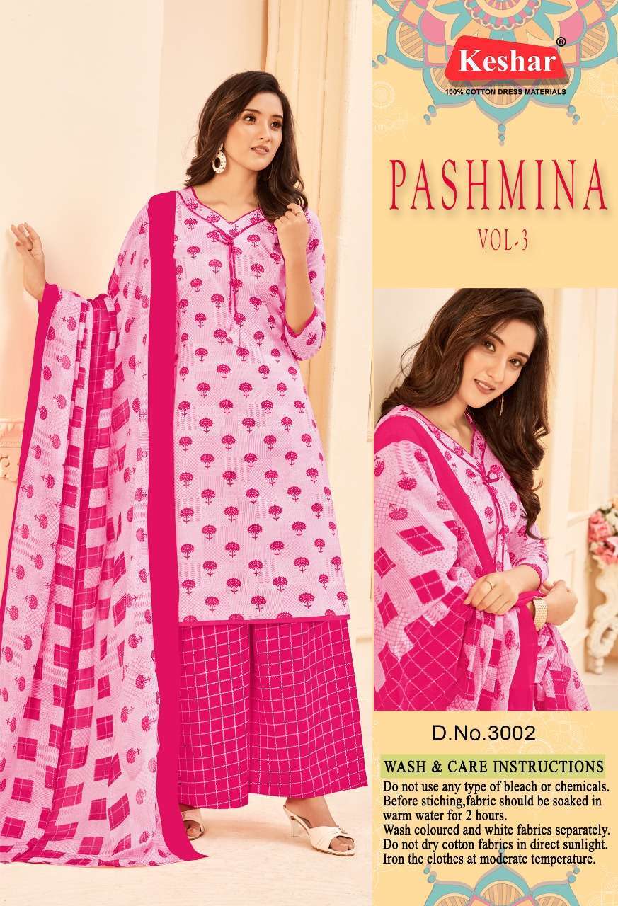 PASHMINA VOL-3 BY KESHAR 3001 TO 3010 SERIES BEAUTIFUL STYLISH SUITS FANCY COLORFUL CASUAL WEAR & ETHNIC WEAR & READY TO WEAR PURE COTTON DRESSES AT WHOLESALE PRICE