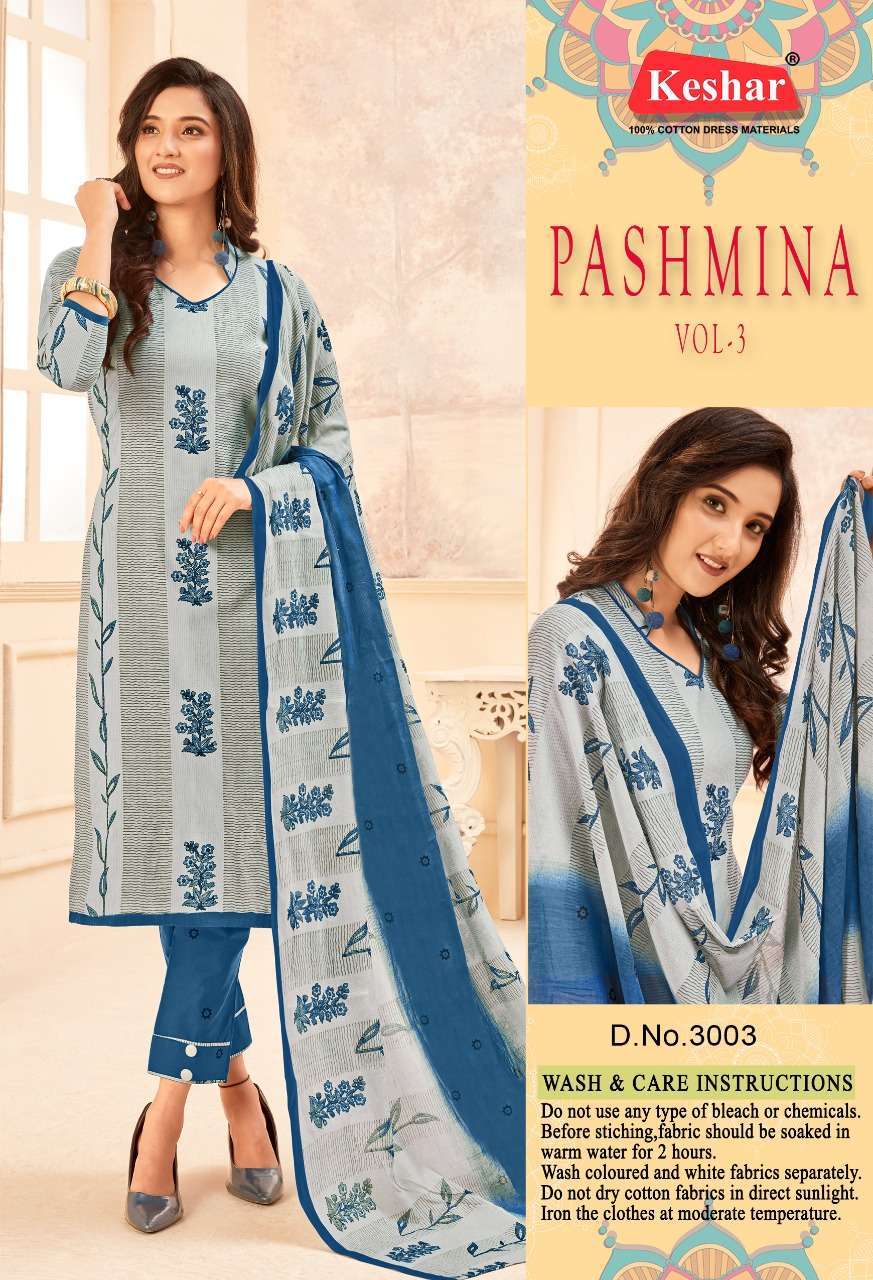 PASHMINA VOL-3 BY KESHAR 3001 TO 3010 SERIES BEAUTIFUL STYLISH SUITS FANCY COLORFUL CASUAL WEAR & ETHNIC WEAR & READY TO WEAR PURE COTTON DRESSES AT WHOLESALE PRICE