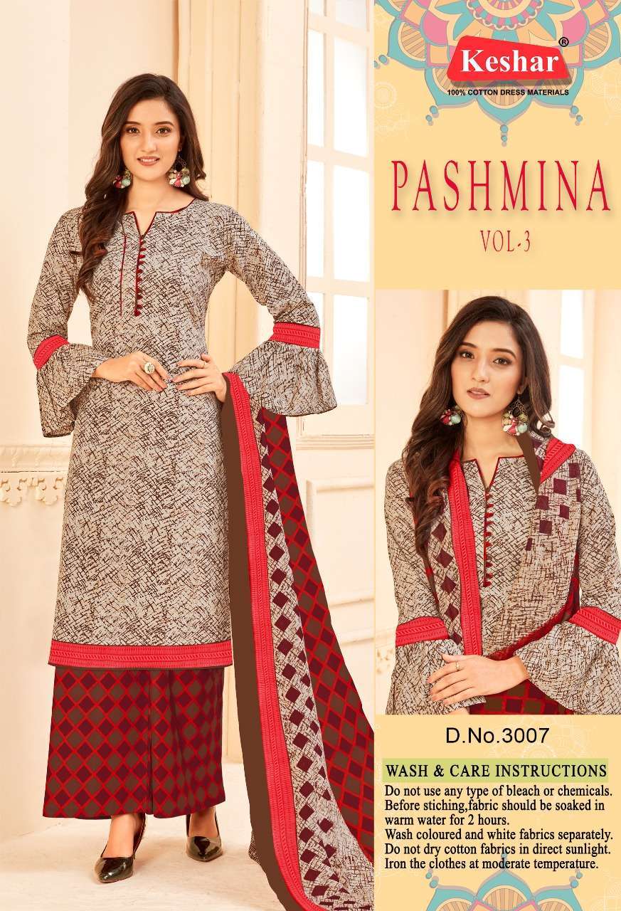 PASHMINA VOL-3 BY KESHAR 3001 TO 3010 SERIES BEAUTIFUL STYLISH SUITS FANCY COLORFUL CASUAL WEAR & ETHNIC WEAR & READY TO WEAR PURE COTTON DRESSES AT WHOLESALE PRICE
