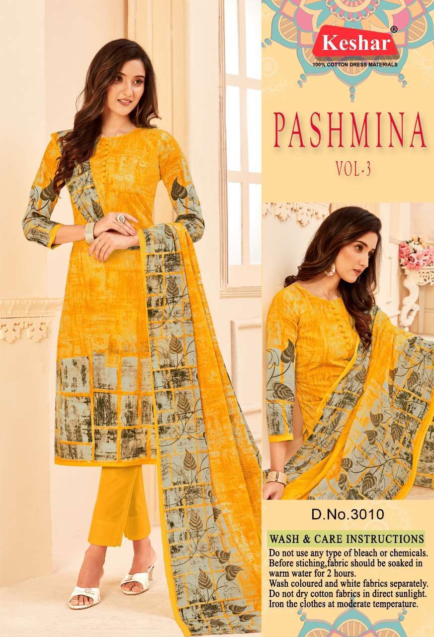 PASHMINA VOL-3 BY KESHAR 3001 TO 3010 SERIES BEAUTIFUL STYLISH SUITS FANCY COLORFUL CASUAL WEAR & ETHNIC WEAR & READY TO WEAR PURE COTTON DRESSES AT WHOLESALE PRICE