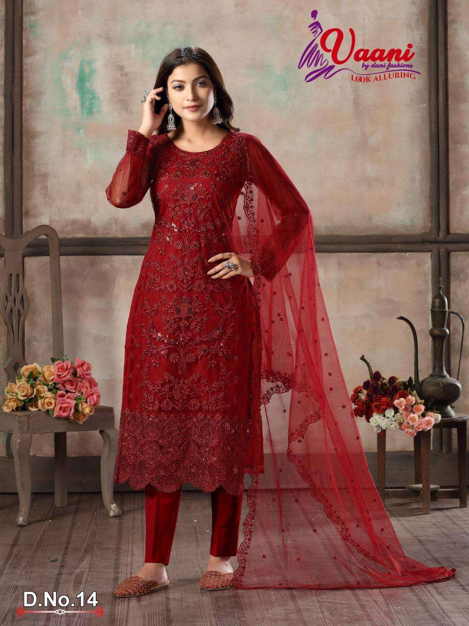 VAANI VOL-1 BY DANI FASHION 11 TO 14 SERIES DESIGNER SUITS BEAUTIFUL STYLISH FANCY COLORFUL PARTY WEAR & ETHNIC WEAR NET EMBROIDERED DRESSES AT WHOLESALE PRICE