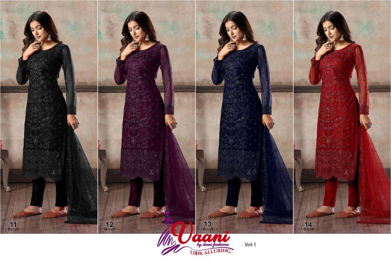 VAANI VOL-1 BY DANI FASHION 11 TO 14 SERIES DESIGNER SUITS BEAUTIFUL STYLISH FANCY COLORFUL PARTY WEAR & ETHNIC WEAR NET EMBROIDERED DRESSES AT WHOLESALE PRICE