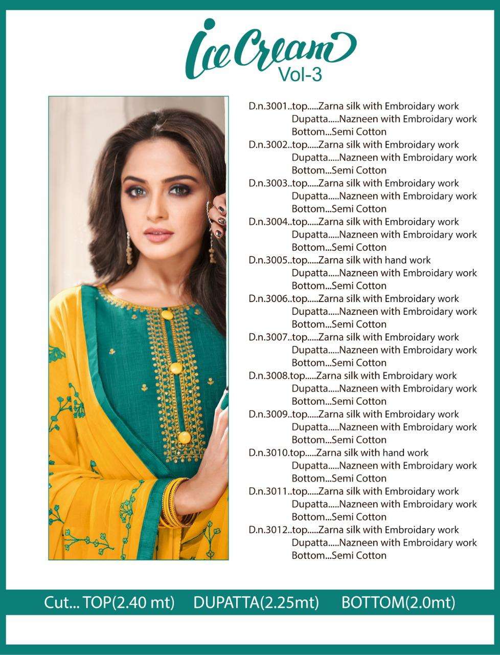 ICE CREAM VOL-3 BY SHAGUN LIFESTYLE 3001 TO 3012 DESIGNER SUITS BEAUTIFUL STYLISH FANCY COLORFUL PARTY WEAR & ETHNIC WEAR ZARNA SILK DRESSES AT WHOLESALE PRICE