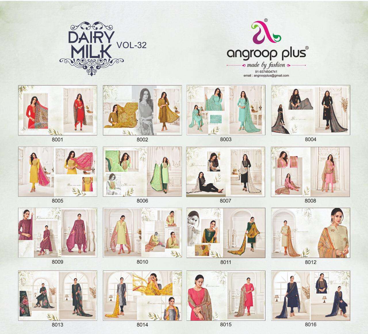 DAIRY MILK VOL-32 BY ANGROOP PLUS 8001 TO 8016 SERIES BEAUTIFUL STYLISH FANCY COLORFUL CASUAL WEAR & ETHNIC WEAR CHANDERI COTTON DRESSES AT WHOLESALE PRICE