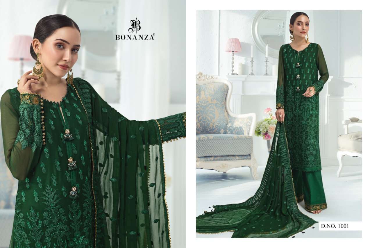 ALIZEH VOL-1 BY BONANZA 1001 TO 1003 SERIES BEAUTIFUL SUITS STYLISH FANCY COLORFUL PARTY WEAR & OCCASIONAL WEAR FAUX GEORGETTE EMBROIDERED DRESSES AT WHOLESALE PRICE