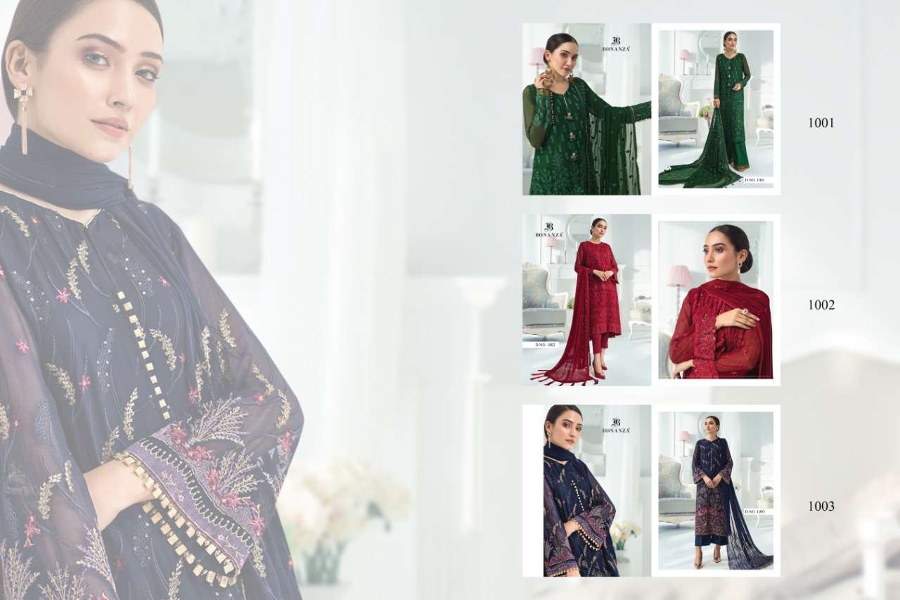 ALIZEH VOL-1 BY BONANZA 1001 TO 1003 SERIES BEAUTIFUL SUITS STYLISH FANCY COLORFUL PARTY WEAR & OCCASIONAL WEAR FAUX GEORGETTE EMBROIDERED DRESSES AT WHOLESALE PRICE