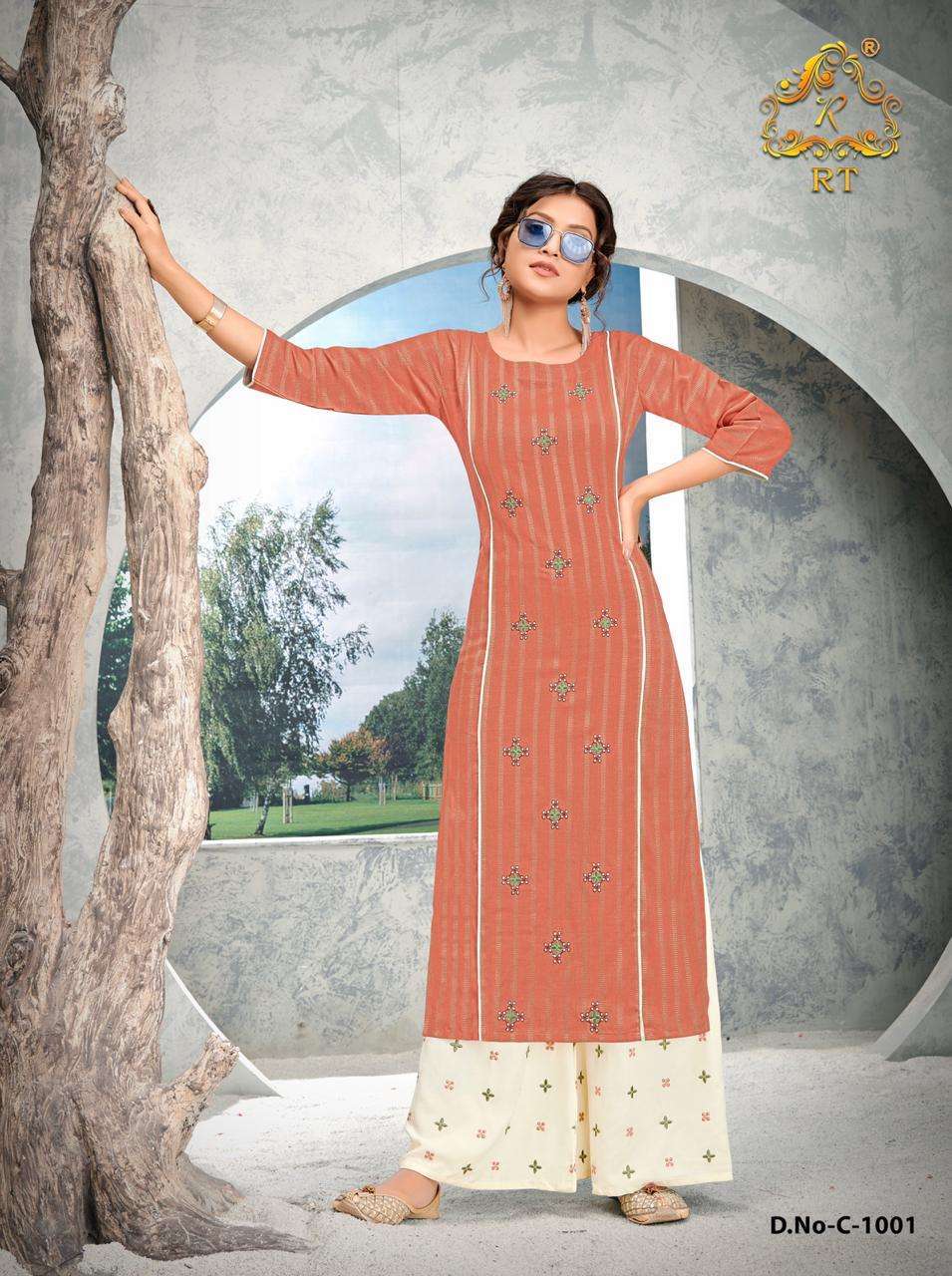 GUZAARISH BY RT 1001 TO 1005 SERIES STYLISH FANCY BEAUTIFUL COLORFUL CASUAL WEAR & ETHNIC WEAR RAYON WEAVING EMBROIDERED KURTIS WITH BOTTOM AT WHOLESALE PRICE