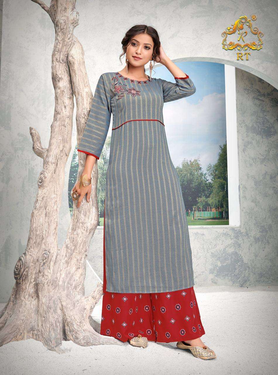 GUZAARISH BY RT 1001 TO 1005 SERIES STYLISH FANCY BEAUTIFUL COLORFUL CASUAL WEAR & ETHNIC WEAR RAYON WEAVING EMBROIDERED KURTIS WITH BOTTOM AT WHOLESALE PRICE