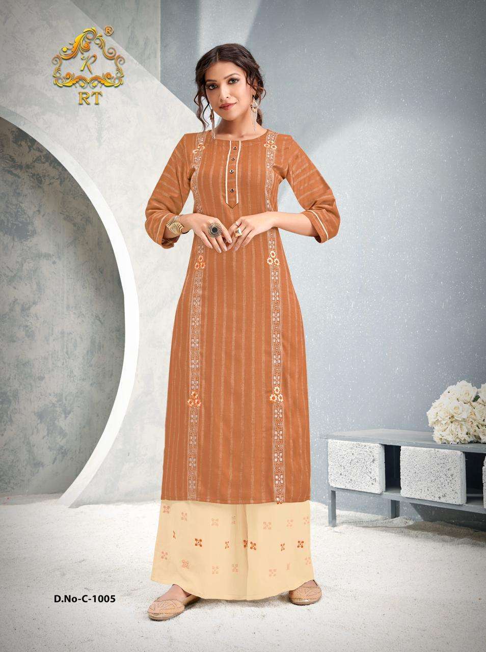 GUZAARISH BY RT 1001 TO 1005 SERIES STYLISH FANCY BEAUTIFUL COLORFUL CASUAL WEAR & ETHNIC WEAR RAYON WEAVING EMBROIDERED KURTIS WITH BOTTOM AT WHOLESALE PRICE