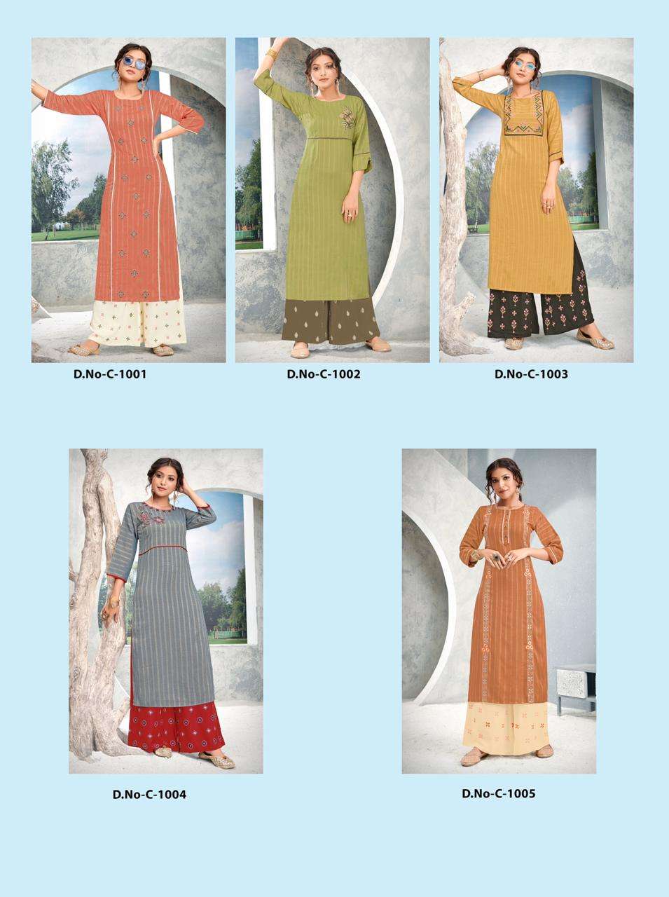 GUZAARISH BY RT 1001 TO 1005 SERIES STYLISH FANCY BEAUTIFUL COLORFUL CASUAL WEAR & ETHNIC WEAR RAYON WEAVING EMBROIDERED KURTIS WITH BOTTOM AT WHOLESALE PRICE