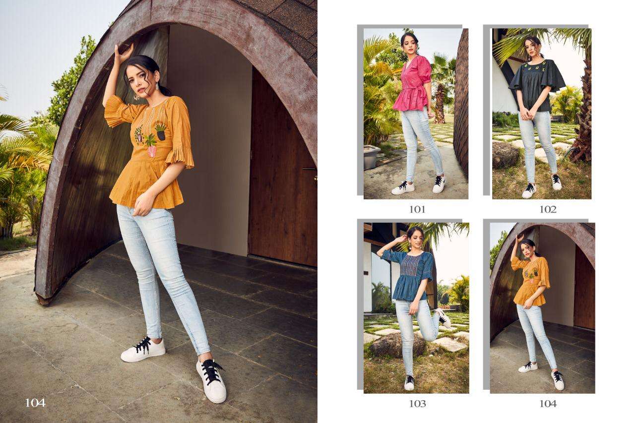 MAZE BY KURTI TIMES 101 TO 104 SERIES BEAUTIFUL STYLISH FANCY COLORFUL CASUAL WEAR & ETHNIC WEAR COTTON TOPS AT WHOLESALE PRICE