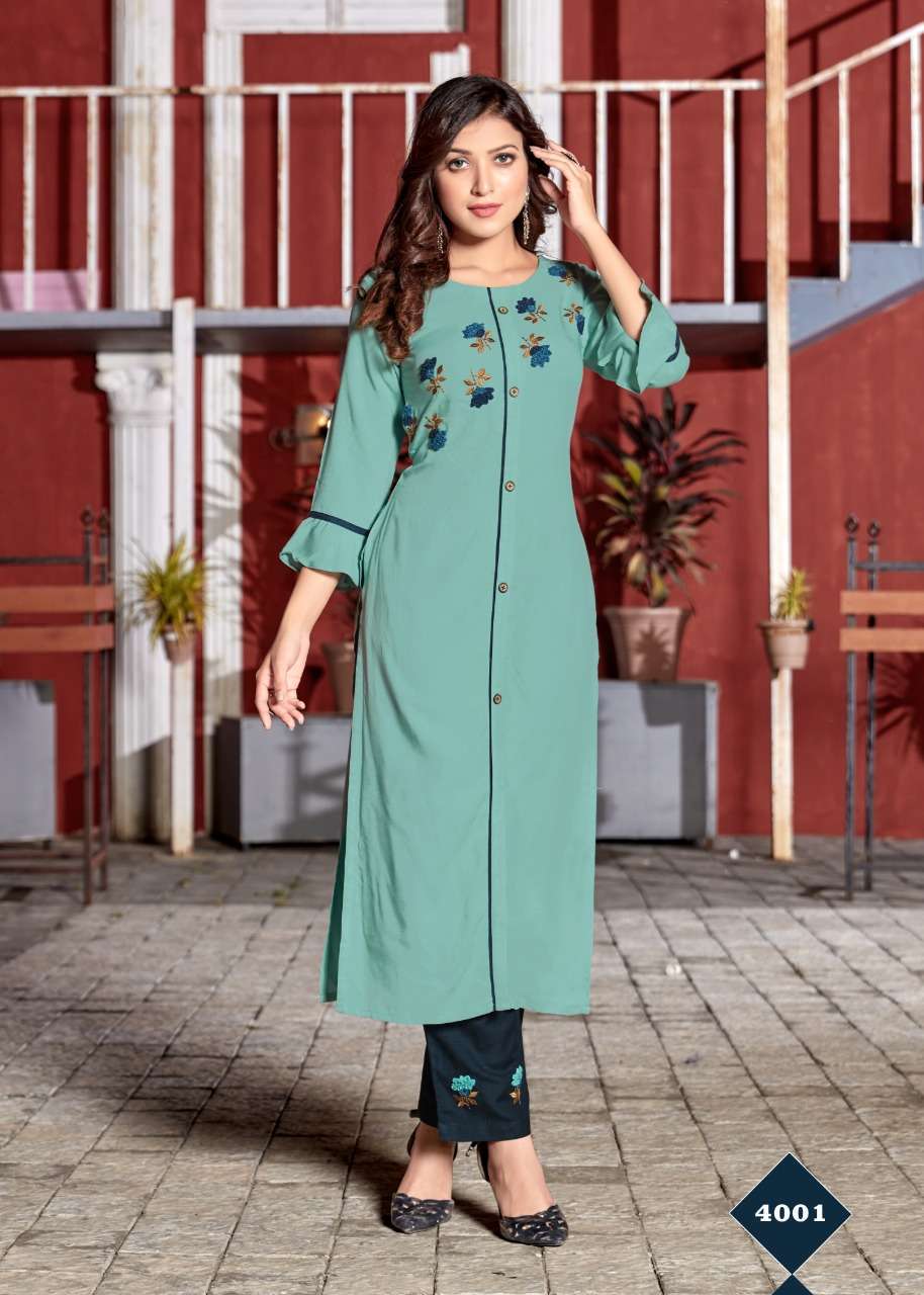 LIME LIGHT BY 4 COLOURS 4001 TO 4005 SERIES STYLISH FANCY BEAUTIFUL COLORFUL CASUAL WEAR & ETHNIC WEAR HEAVY RAYON EMBROIDERED KURTIS WITH BOTTOM AT WHOLESALE PRICE