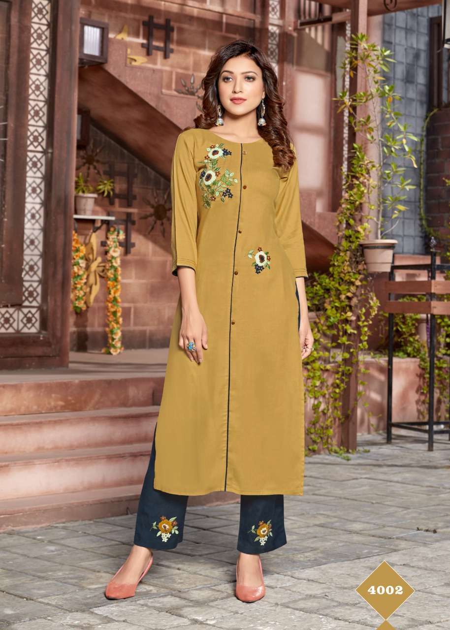 LIME LIGHT BY 4 COLOURS 4001 TO 4005 SERIES STYLISH FANCY BEAUTIFUL COLORFUL CASUAL WEAR & ETHNIC WEAR HEAVY RAYON EMBROIDERED KURTIS WITH BOTTOM AT WHOLESALE PRICE