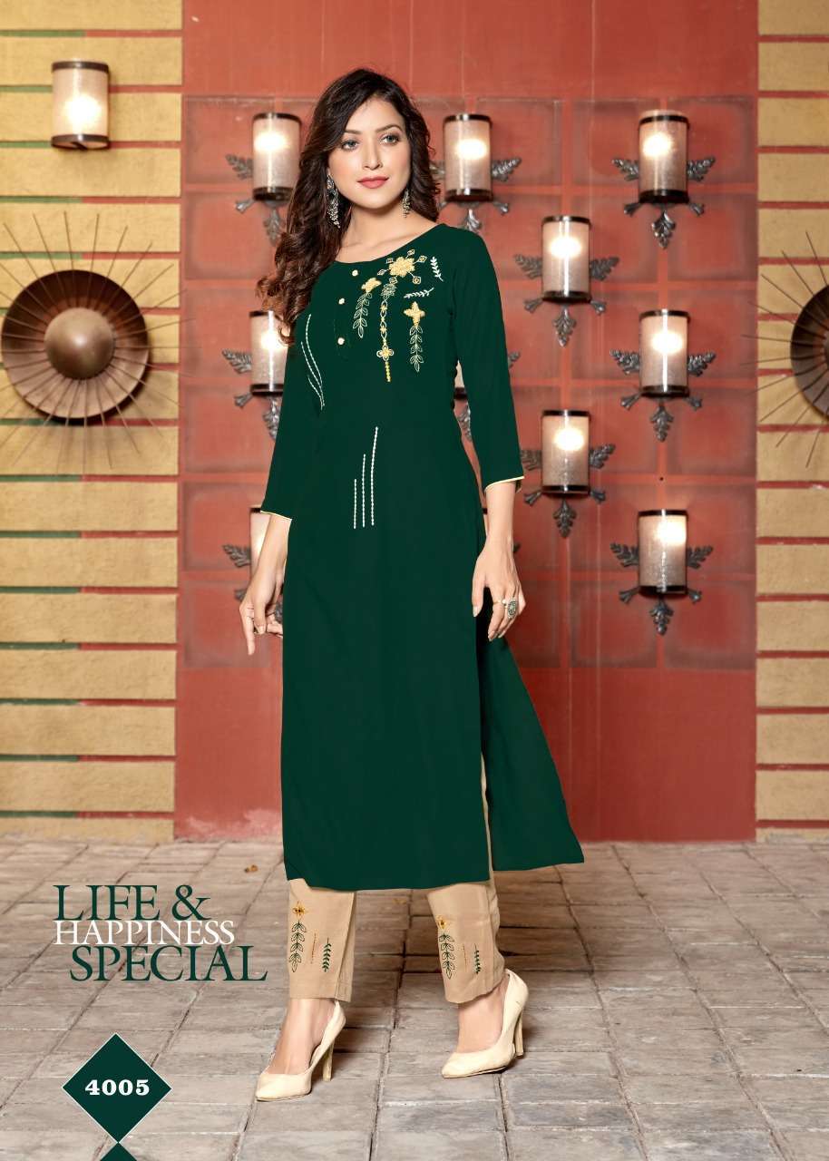 LIME LIGHT BY 4 COLOURS 4001 TO 4005 SERIES STYLISH FANCY BEAUTIFUL COLORFUL CASUAL WEAR & ETHNIC WEAR HEAVY RAYON EMBROIDERED KURTIS WITH BOTTOM AT WHOLESALE PRICE