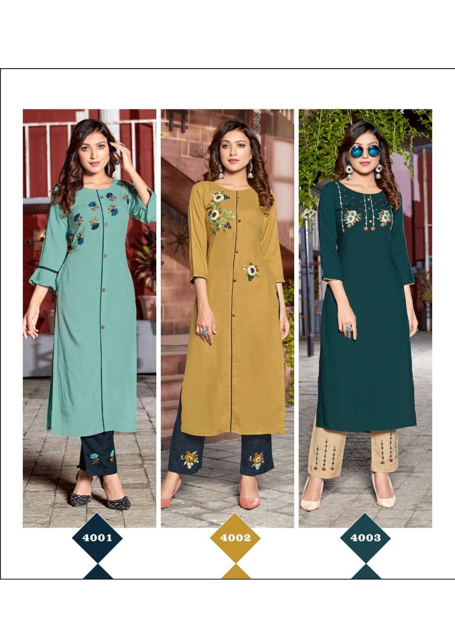 LIME LIGHT BY 4 COLOURS 4001 TO 4005 SERIES STYLISH FANCY BEAUTIFUL COLORFUL CASUAL WEAR & ETHNIC WEAR HEAVY RAYON EMBROIDERED KURTIS WITH BOTTOM AT WHOLESALE PRICE