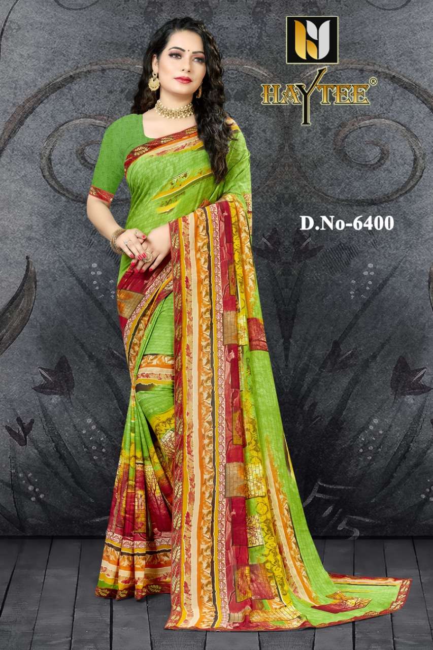 FUZZY VOL-19 BY HAYTEE 6400 TO 6407 SERIES INDIAN TRADITIONAL WEAR COLLECTION BEAUTIFUL STYLISH FANCY COLORFUL PARTY WEAR & OCCASIONAL WEAR RENIAL PRINT SAREES AT WHOLESALE PRICE