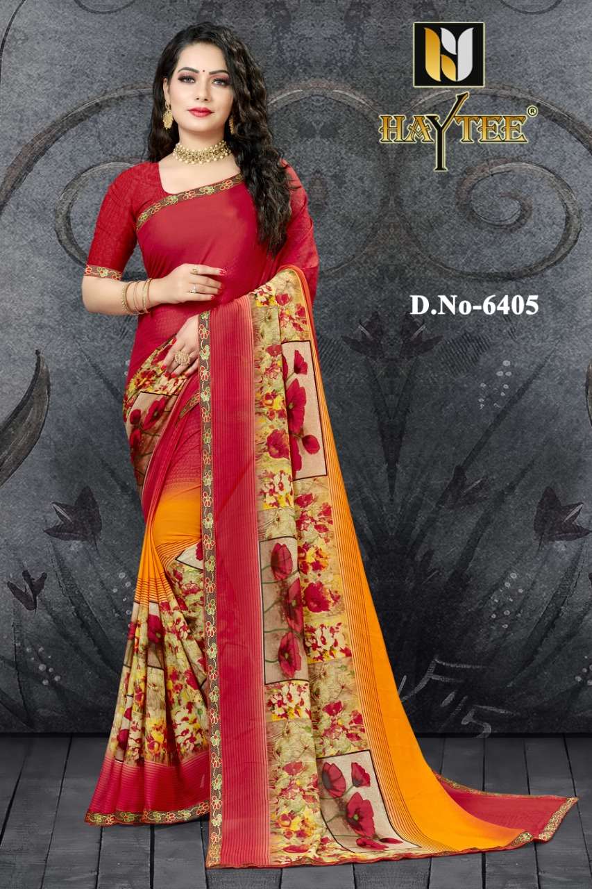 FUZZY VOL-19 BY HAYTEE 6400 TO 6407 SERIES INDIAN TRADITIONAL WEAR COLLECTION BEAUTIFUL STYLISH FANCY COLORFUL PARTY WEAR & OCCASIONAL WEAR RENIAL PRINT SAREES AT WHOLESALE PRICE