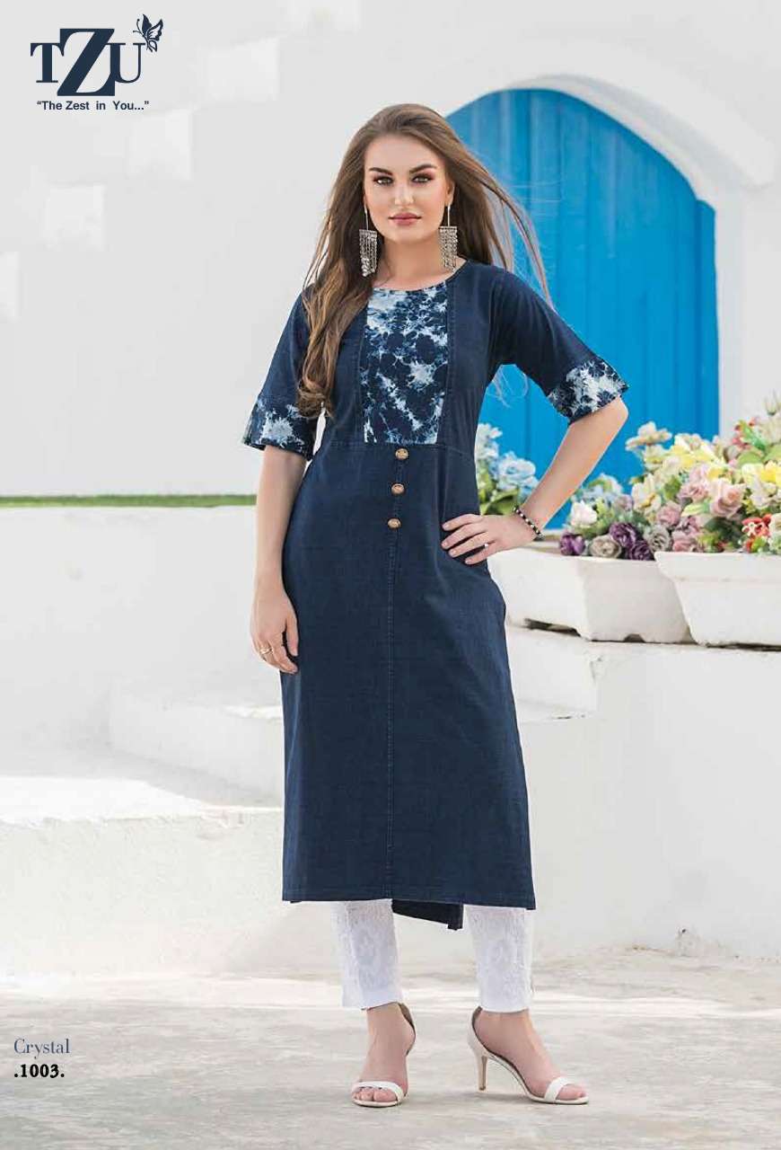 CRYSTAL BY TZU 1001 TO 1005 SERIES BEAUTIFUL STYLISH FANCY COLORFUL CASUAL WEAR & ETHNIC WEAR DENIM PRINTED KURTIS AT WHOLESALE PRICE