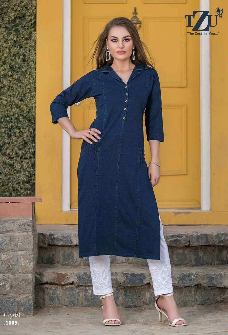 CRYSTAL BY TZU 1001 TO 1005 SERIES BEAUTIFUL STYLISH FANCY COLORFUL CASUAL WEAR & ETHNIC WEAR DENIM PRINTED KURTIS AT WHOLESALE PRICE