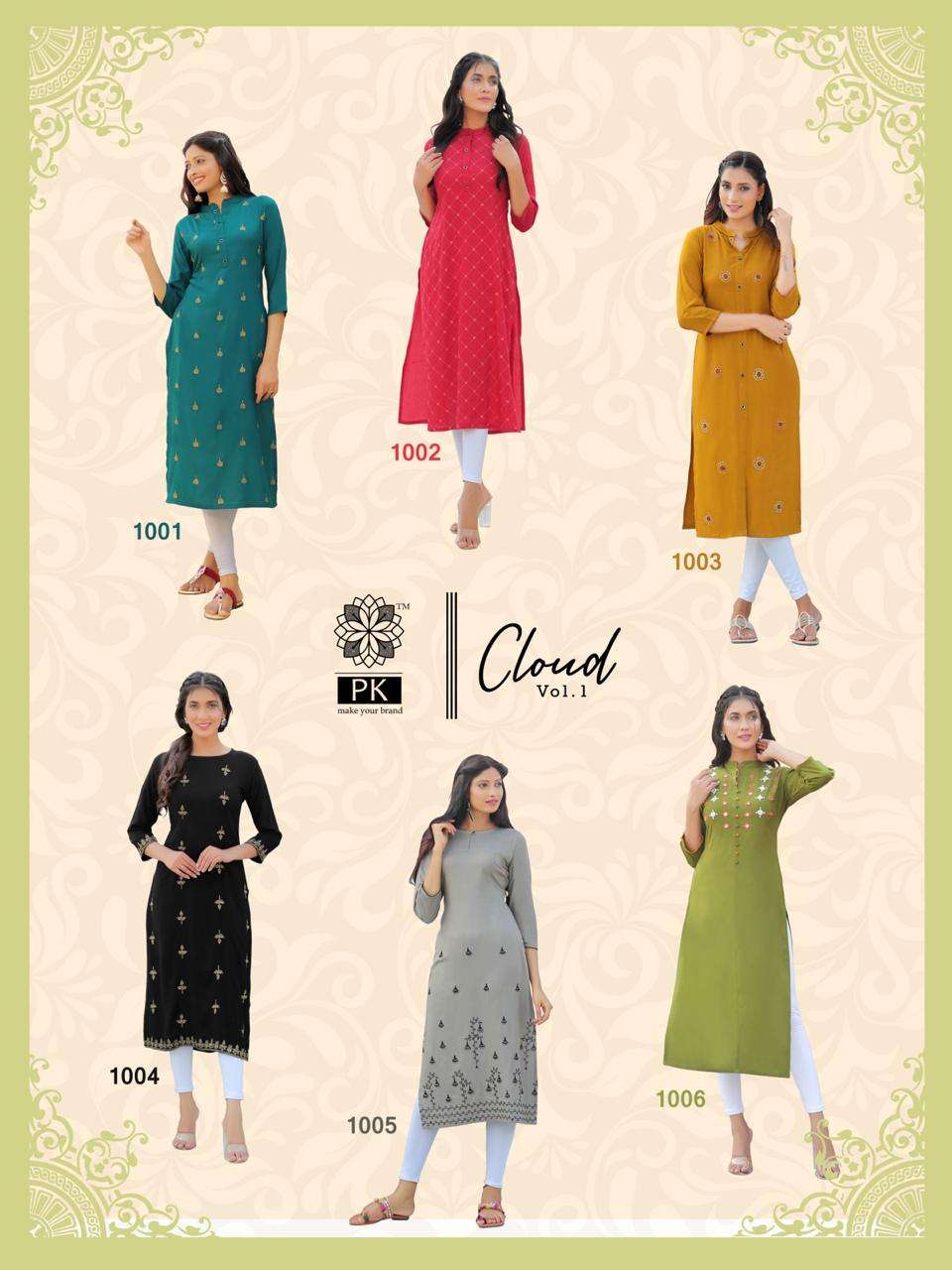 FASHION CLOUD VOL-1 BY PK 1001 TO 1006 SERIES BEAUTIFUL STYLISH FANCY COLORFUL CASUAL WEAR & ETHNIC WEAR RAYON WITH WORK KURTIS AT WHOLESALE PRICE