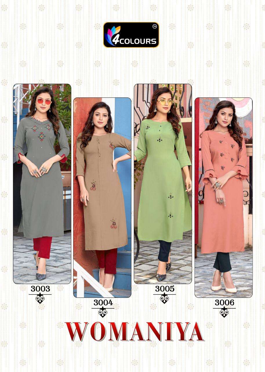 WOMANIYA BY 4 COLOURS 3001 TO 3006 SERIES STYLISH FANCY BEAUTIFUL COLORFUL CASUAL WEAR & ETHNIC WEAR HEAVY RAYON EMBROIDERED KURTIS WITH BOTTOM AT WHOLESALE PRICE