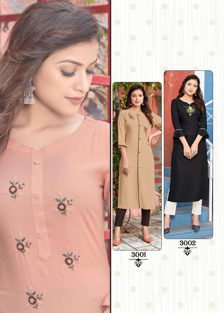 WOMANIYA BY 4 COLOURS 3001 TO 3006 SERIES STYLISH FANCY BEAUTIFUL COLORFUL CASUAL WEAR & ETHNIC WEAR HEAVY RAYON EMBROIDERED KURTIS WITH BOTTOM AT WHOLESALE PRICE