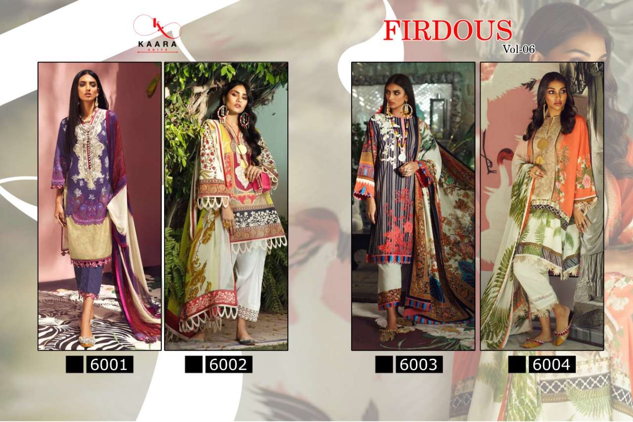 FIRDOUS WINTER COLLECTION VOL-6 BY KAARA SUITS 6001 TO 6004 SERIES DESIGNER PAKISTANI SUITS BEAUTIFUL STYLISH FANCY COLORFUL PARTY WEAR & OCCASIONAL WEAR JAM SATIN PRINT EMBROIDERY DRESSES AT WHOLESALE PRICE