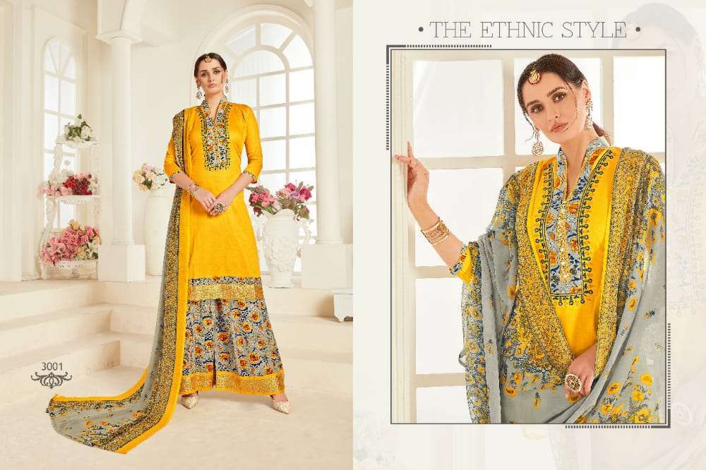 AFZZA VOL-3 BY RAVI CREATION 3001 TO 3008 SERIES DESIGNER SHARARA SUITS BEAUTIFUL STYLISH FANCY COLORFUL PARTY WEAR & OCCASIONAL WEAR PURE JAM SATIN EMBROIDERED DRESSES AT WHOLESALE PRICE