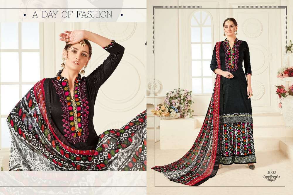 AFZZA VOL-3 BY RAVI CREATION 3001 TO 3008 SERIES DESIGNER SHARARA SUITS BEAUTIFUL STYLISH FANCY COLORFUL PARTY WEAR & OCCASIONAL WEAR PURE JAM SATIN EMBROIDERED DRESSES AT WHOLESALE PRICE