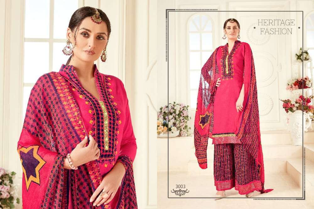 AFZZA VOL-3 BY RAVI CREATION 3001 TO 3008 SERIES DESIGNER SHARARA SUITS BEAUTIFUL STYLISH FANCY COLORFUL PARTY WEAR & OCCASIONAL WEAR PURE JAM SATIN EMBROIDERED DRESSES AT WHOLESALE PRICE