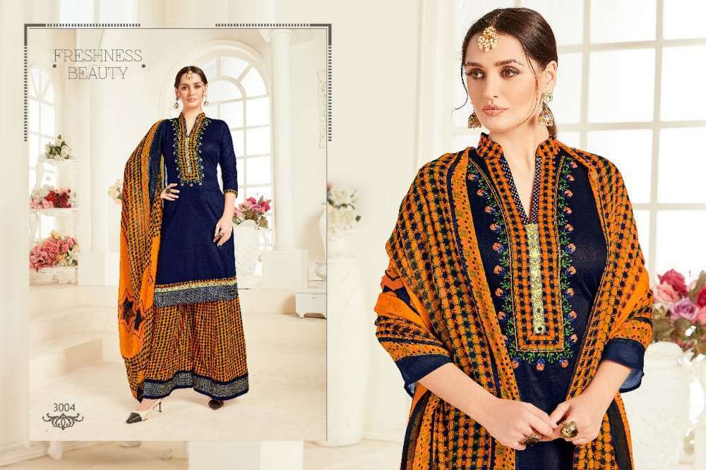 AFZZA VOL-3 BY RAVI CREATION 3001 TO 3008 SERIES DESIGNER SHARARA SUITS BEAUTIFUL STYLISH FANCY COLORFUL PARTY WEAR & OCCASIONAL WEAR PURE JAM SATIN EMBROIDERED DRESSES AT WHOLESALE PRICE
