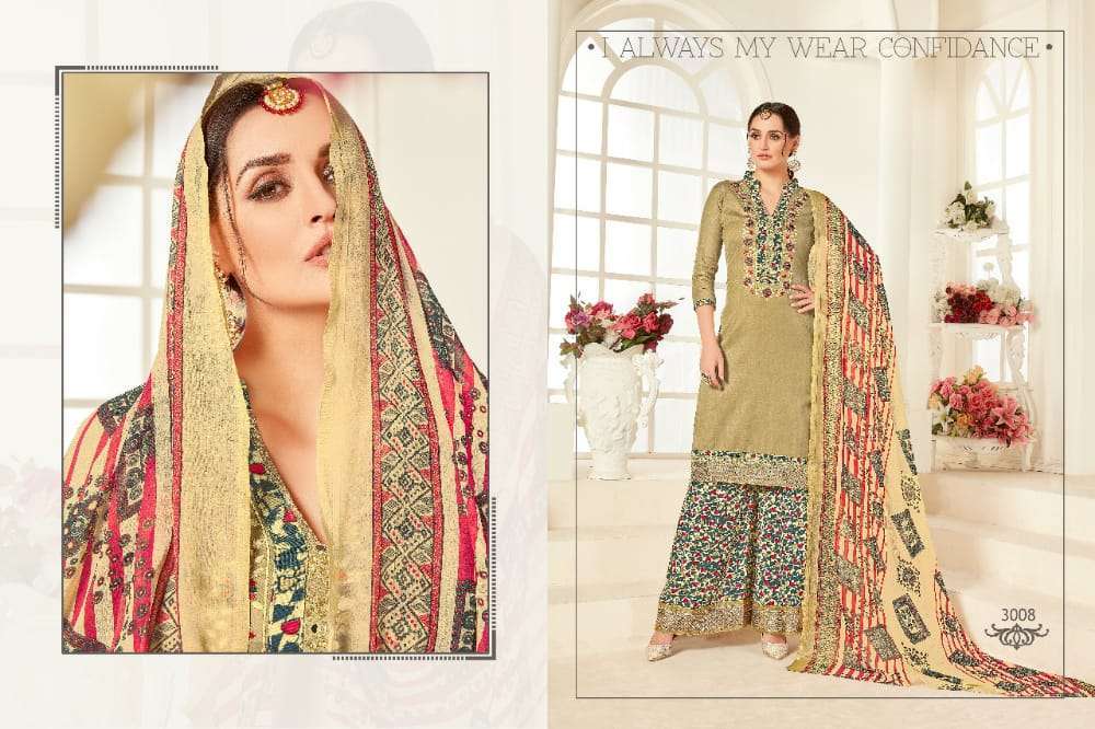 AFZZA VOL-3 BY RAVI CREATION 3001 TO 3008 SERIES DESIGNER SHARARA SUITS BEAUTIFUL STYLISH FANCY COLORFUL PARTY WEAR & OCCASIONAL WEAR PURE JAM SATIN EMBROIDERED DRESSES AT WHOLESALE PRICE