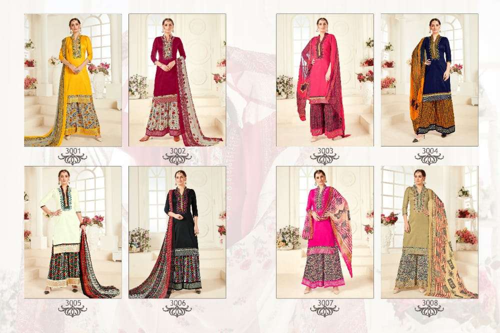 AFZZA VOL-3 BY RAVI CREATION 3001 TO 3008 SERIES DESIGNER SHARARA SUITS BEAUTIFUL STYLISH FANCY COLORFUL PARTY WEAR & OCCASIONAL WEAR PURE JAM SATIN EMBROIDERED DRESSES AT WHOLESALE PRICE